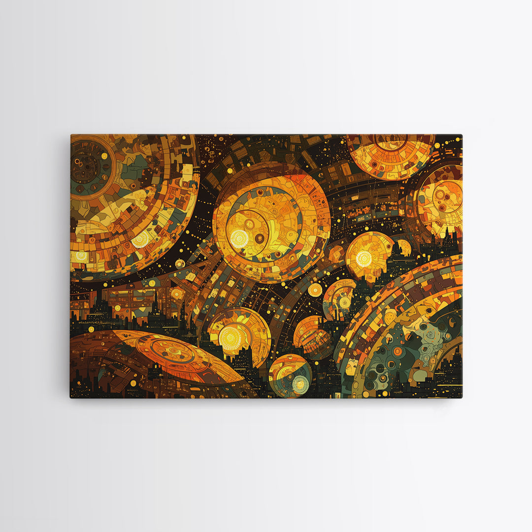 Golden Cosmic Mechanical Orbs Canvas Print, Futuristic Abstract Wall Art, Orange Space Decor, Unique Modern Statement Gift