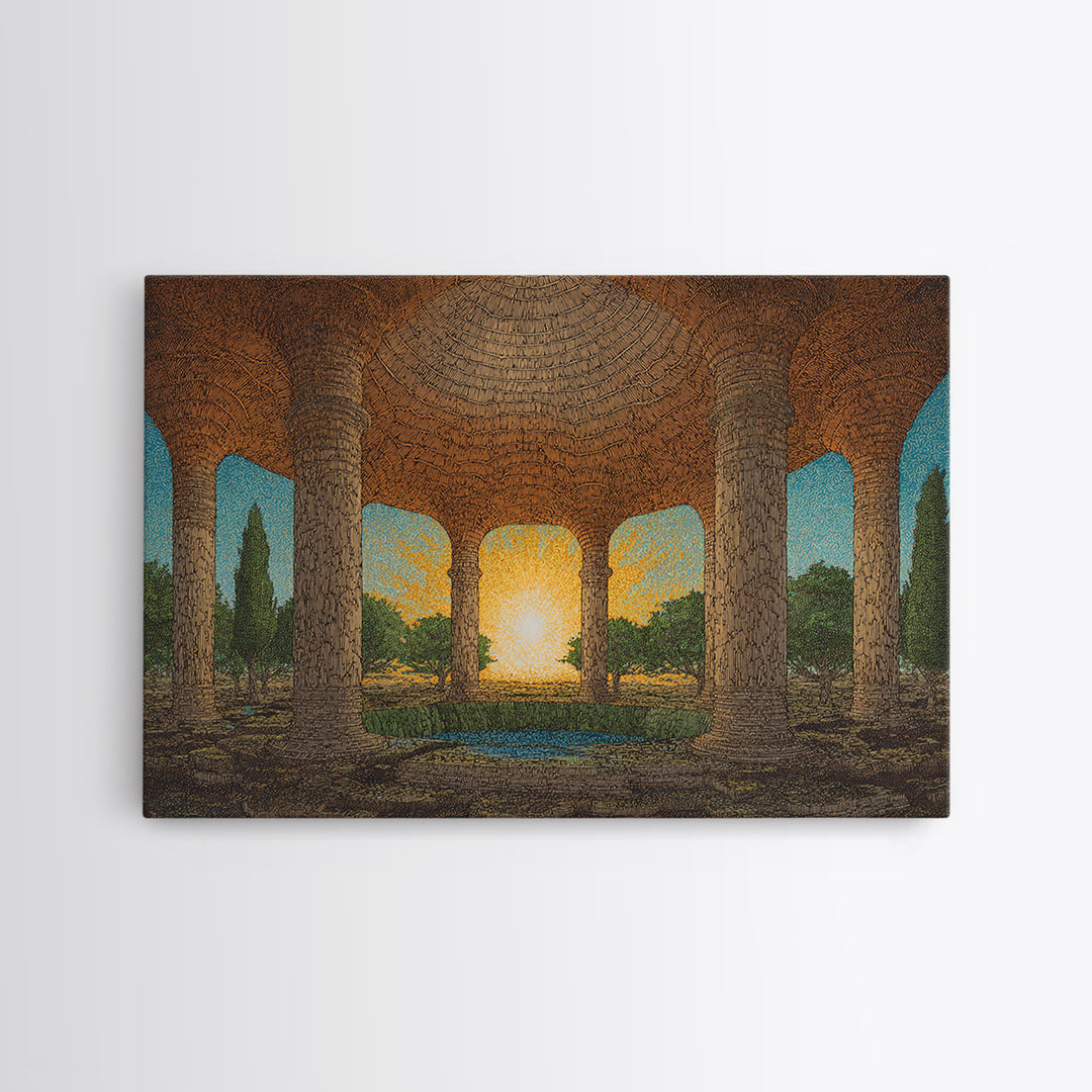 Ancient Stone Colonnade Garden Wall Art, Sunset Rotunda Landscape Canvas Print, Earth Tone Cultural Home Decor Gift For Living Room