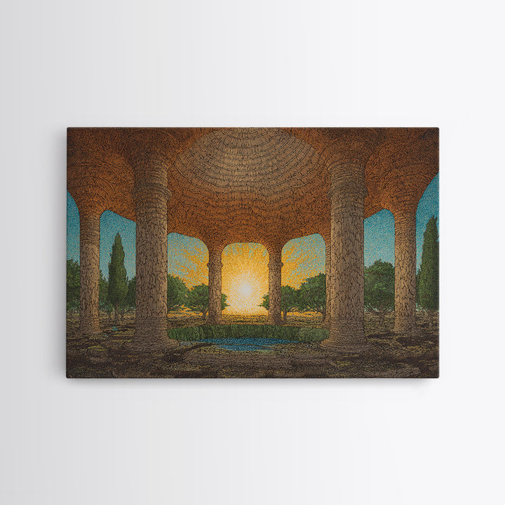 Ancient Stone Colonnade Garden Wall Art, Sunset Rotunda Landscape Canvas Print, Earth Tone Cultural Home Decor Gift For Living Room