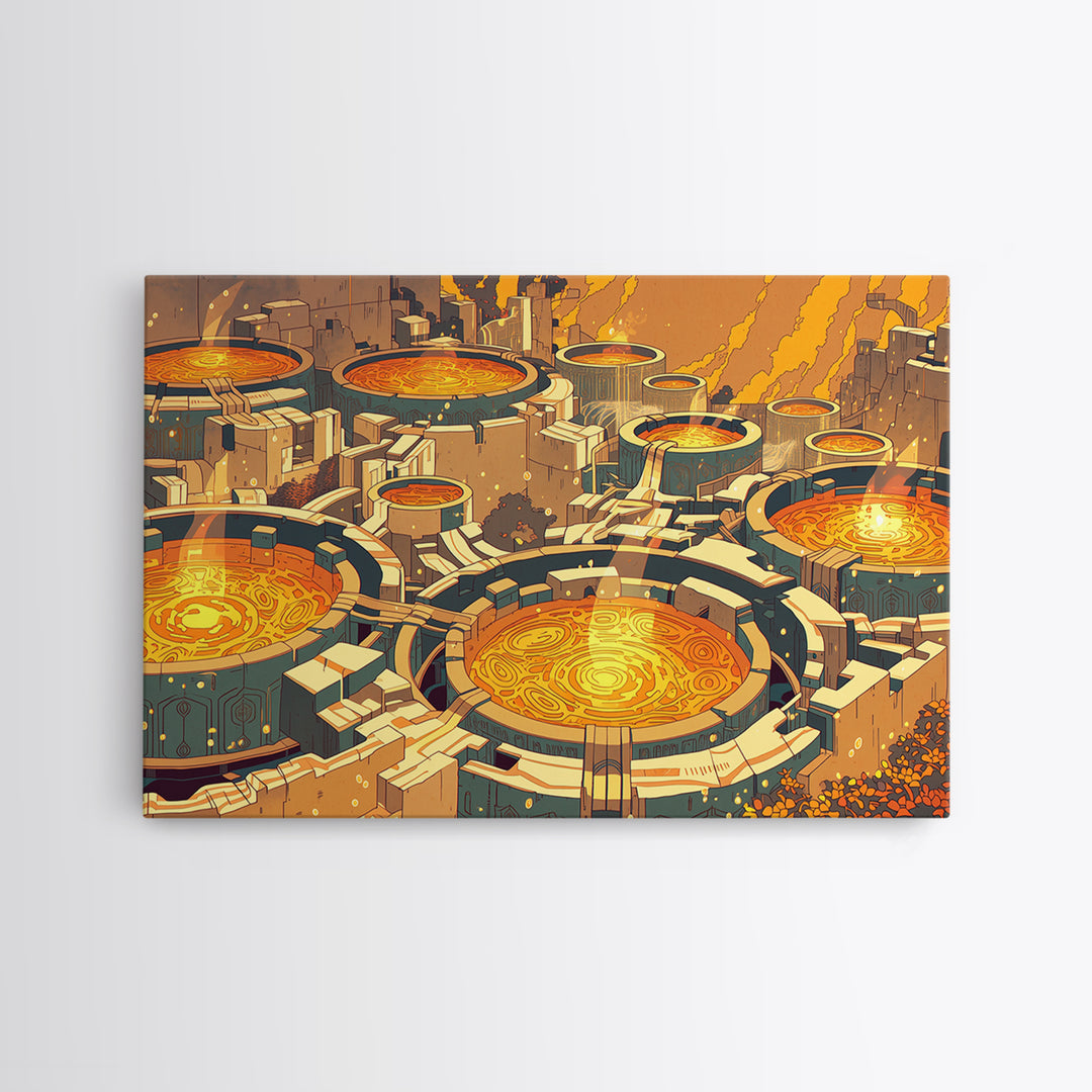 Futuristic Golden Circular City Canvas Print, Sci Fi Abstract Wall Art, Orange Urban Decor, Modern Statement Piece For Home Office