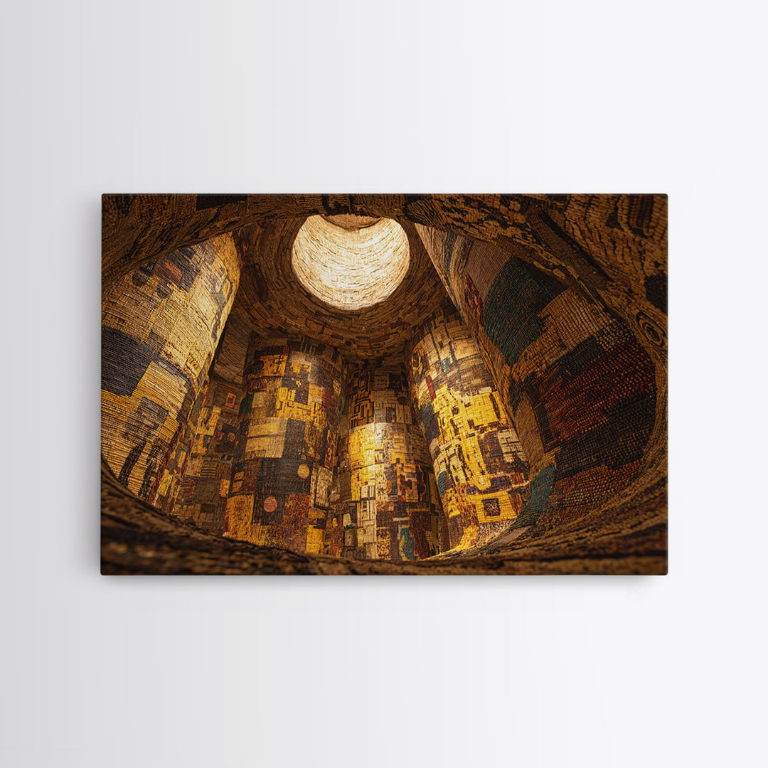 Cavernous Golden Patterned Tower Wall Art, Mystical Architecture Canvas Print, Warm Abstract Cultural Home Decor Gift For Gallery