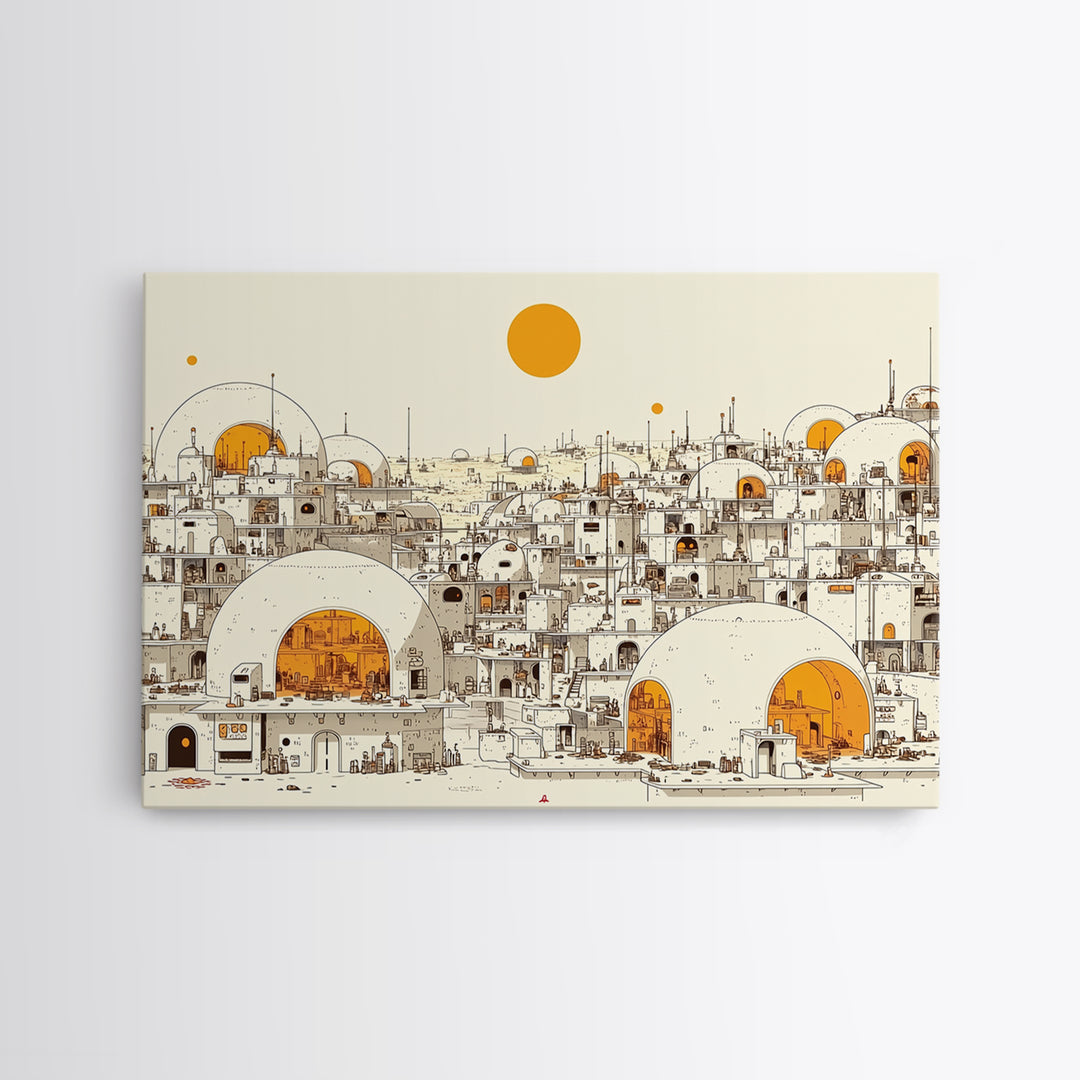 White Desert Dome City With Orange Sun Wall Art, African Landscape Print, Modern North African Decor, Boho Living Room Art