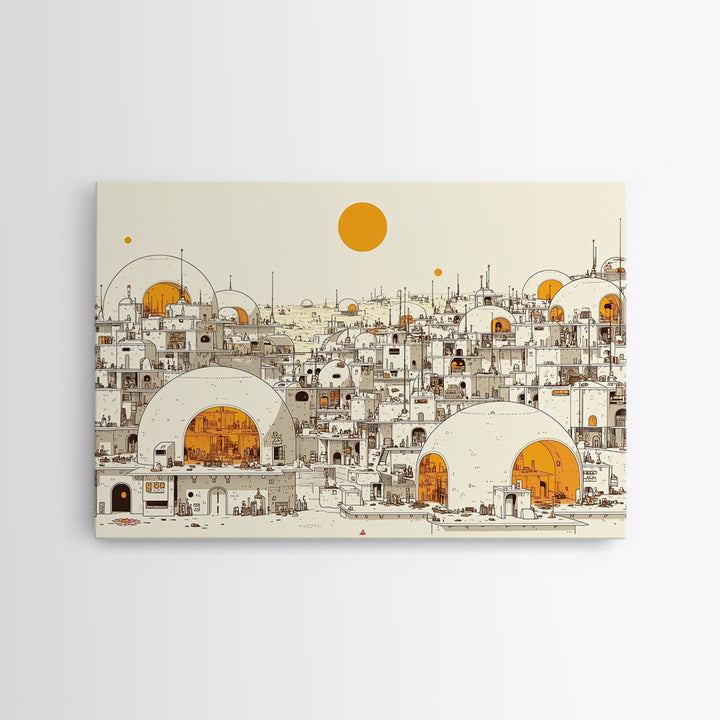 White Desert Dome City With Orange Sun Wall Art, African Landscape Print, Modern North African Decor, Boho Living Room Art