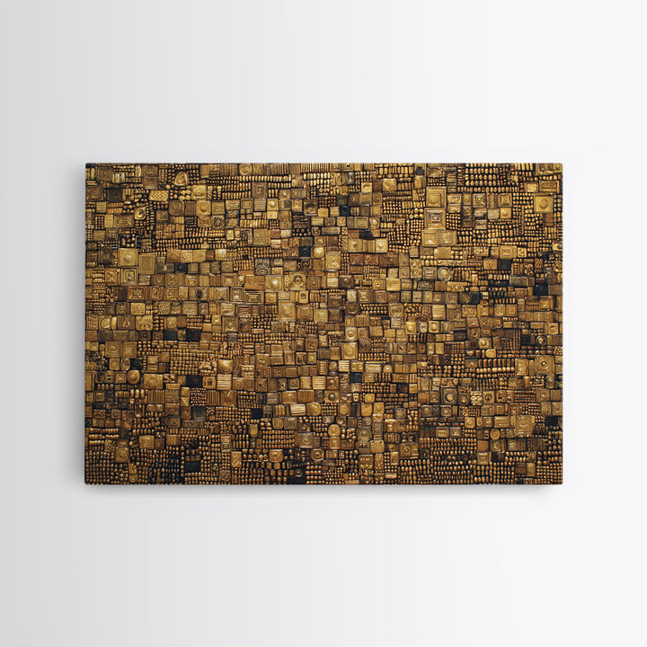 Gold And Black Geometric Mosaic Textile Wall Art, African Abstract Art, Kuba Cloth Decor, Luxury Modern Living Room Wall Decor
