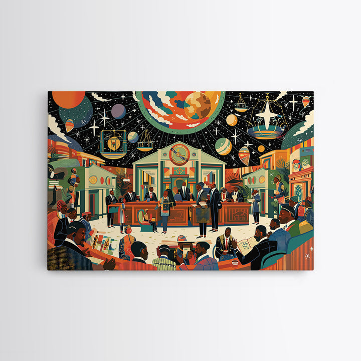 Afrofuturist Community Court Under Cosmic Sky Wall Art, Black Culture Art, African American Art, Juneteenth Home Decor Gift