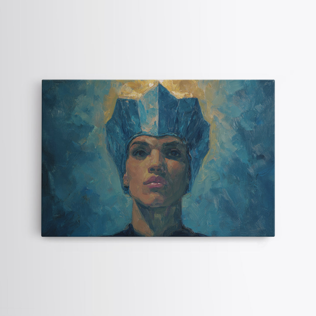 Regal Blue Crown African Woman Portrait Canvas Print, Black Queen Portrait, Elegant Woman Art, Feminine Wall Decor Gift For Her