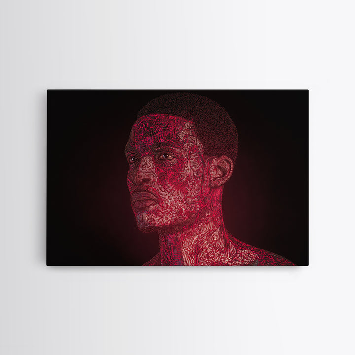 Red Patterned Black Man Portrait Framed Canvas Print, Abstract Black Art, Afrocentric Artwork, Modern Ethnic Wall Decor Gift