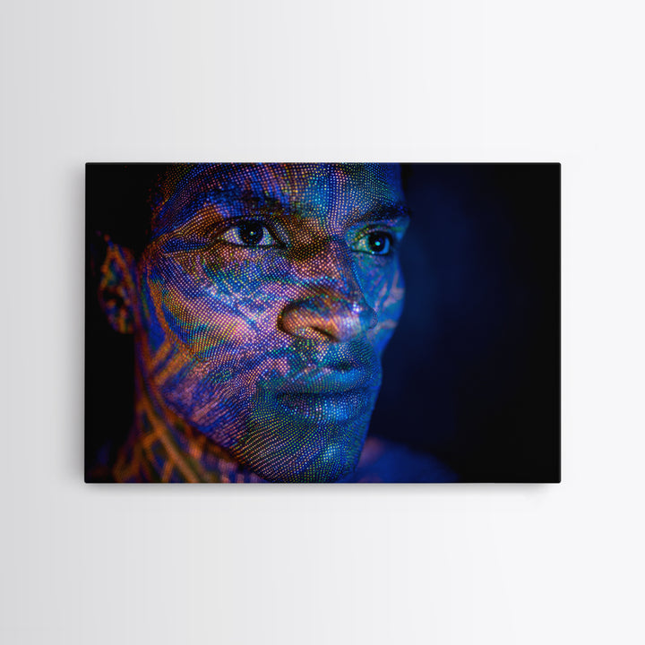 Blue Digital Black Man Portrait Canvas Print, Afrofuturism Decor, Modern Black Art, Abstract Face Art, Statement Wall Decor