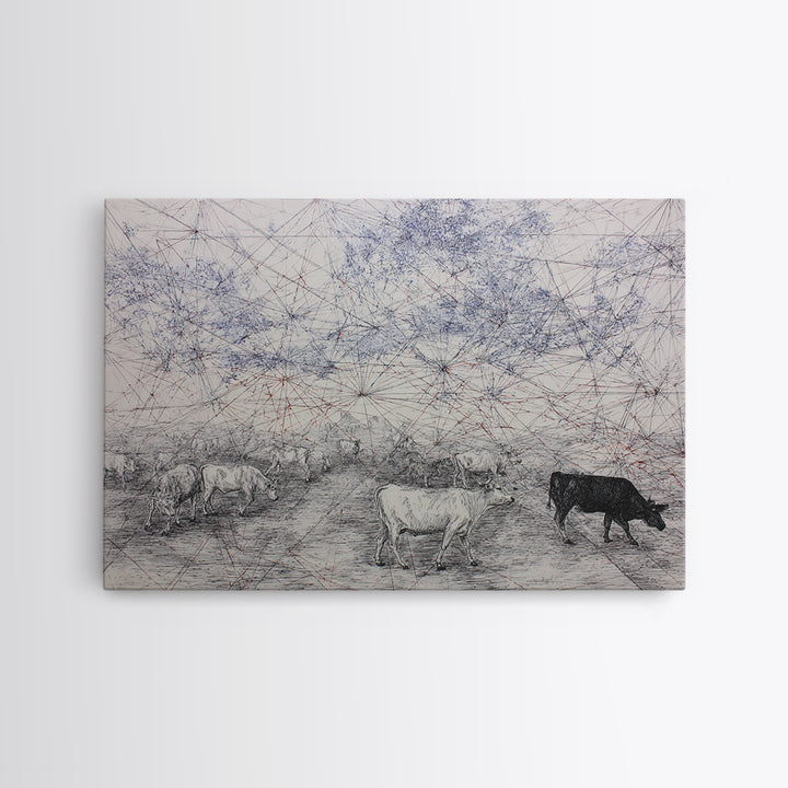 Pastoral Cattle Under Abstract Network Sky Wall Art, African Landscape, Farm Animal Art, Minimalist Office Decor Gift For Him