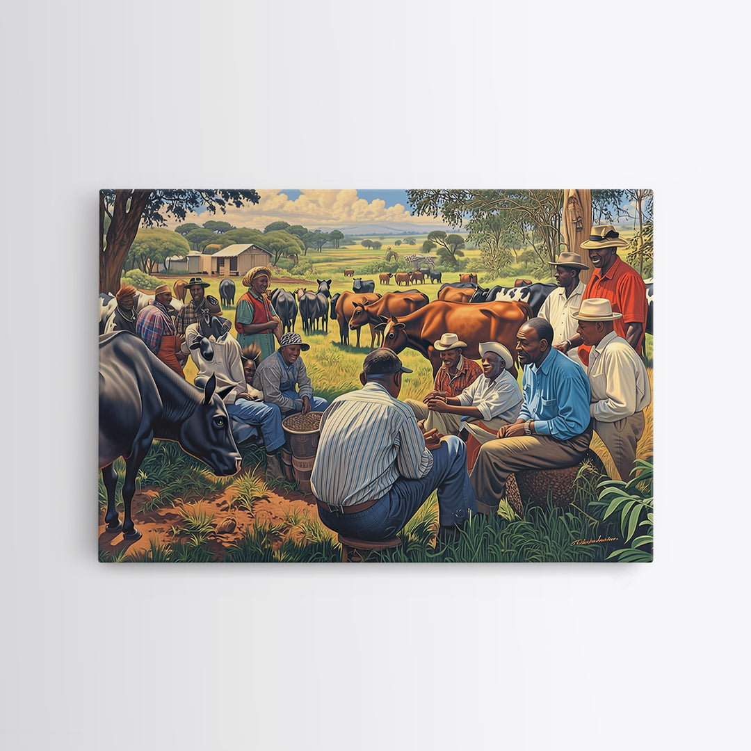 Rural African Cattle Market Gathering Wall Art, African Culture Art, Black People Art, Farm Landscape Home Decor Gift For Him