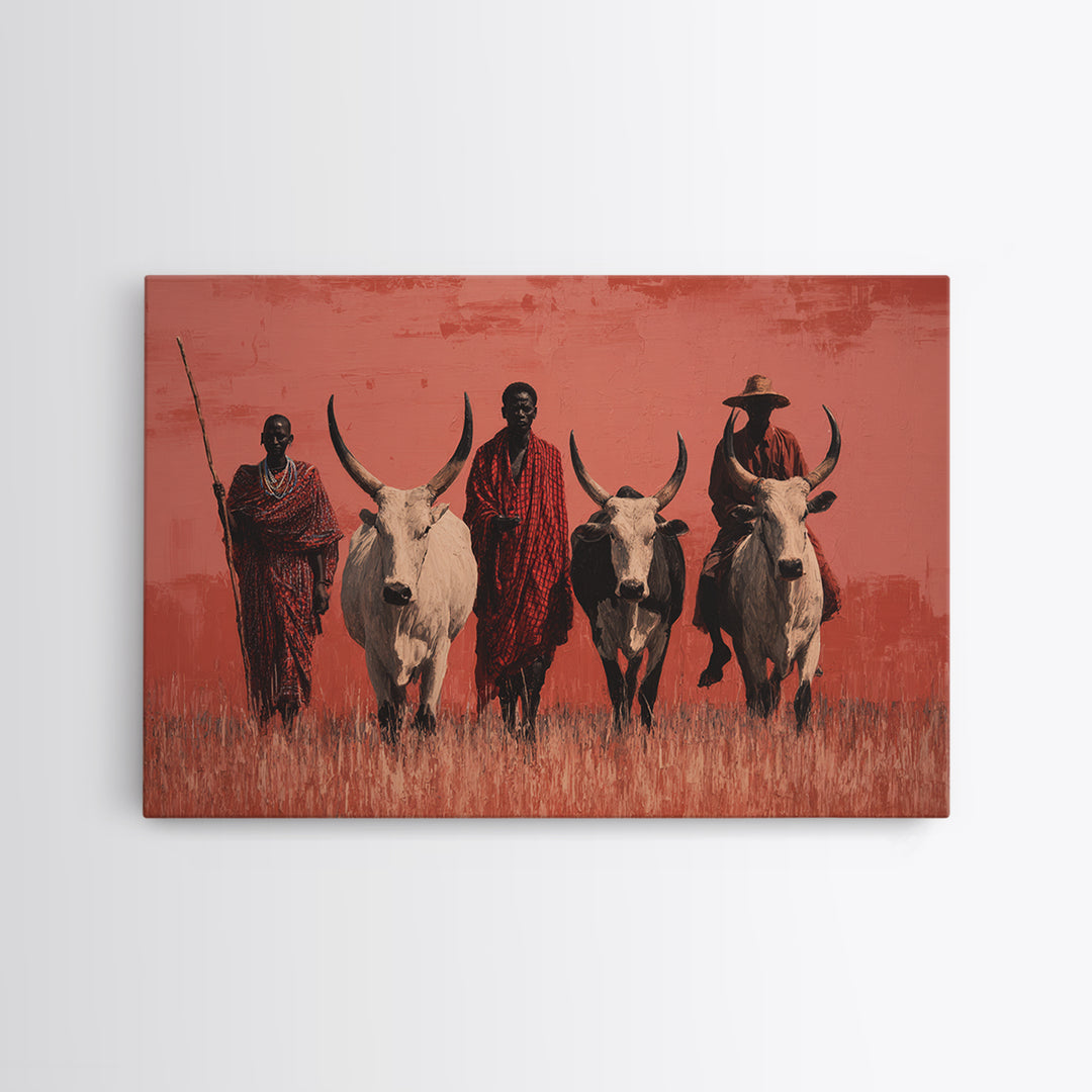Maasai Warriors With White Cattle Framed Canvas Print, African Safari Art, Tribal Art Decor, Cultural Wall Art, Statement Decor