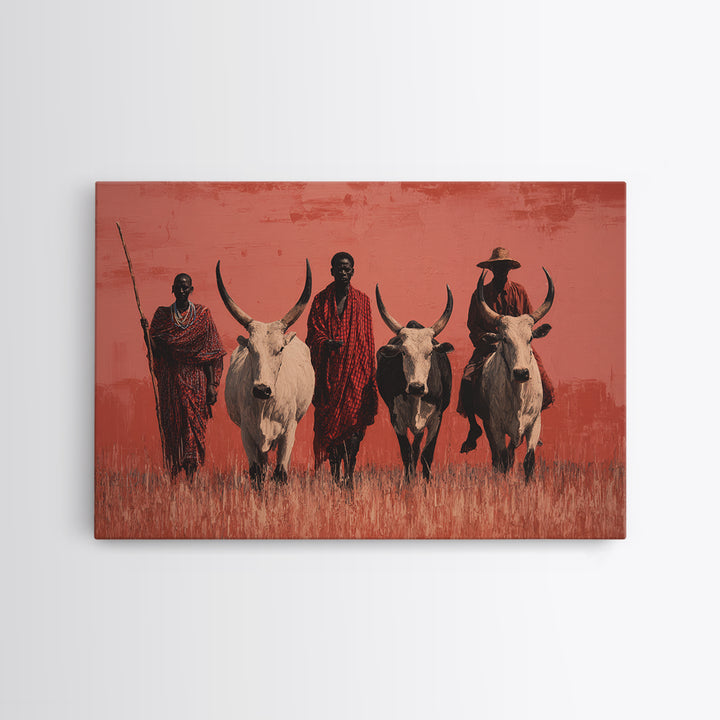 Maasai Warriors With White Cattle Framed Canvas Print, African Safari Art, Tribal Art Decor, Cultural Wall Art, Statement Decor