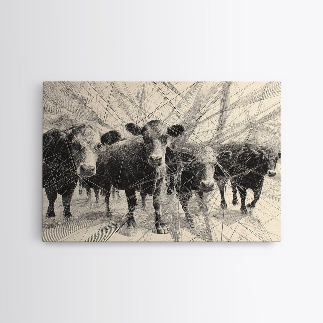 Black And White Abstract Cattle Drawing Canvas Print, African Animal Art, Modern African Art, Ethnic Wall Decor, Minimalist Poster