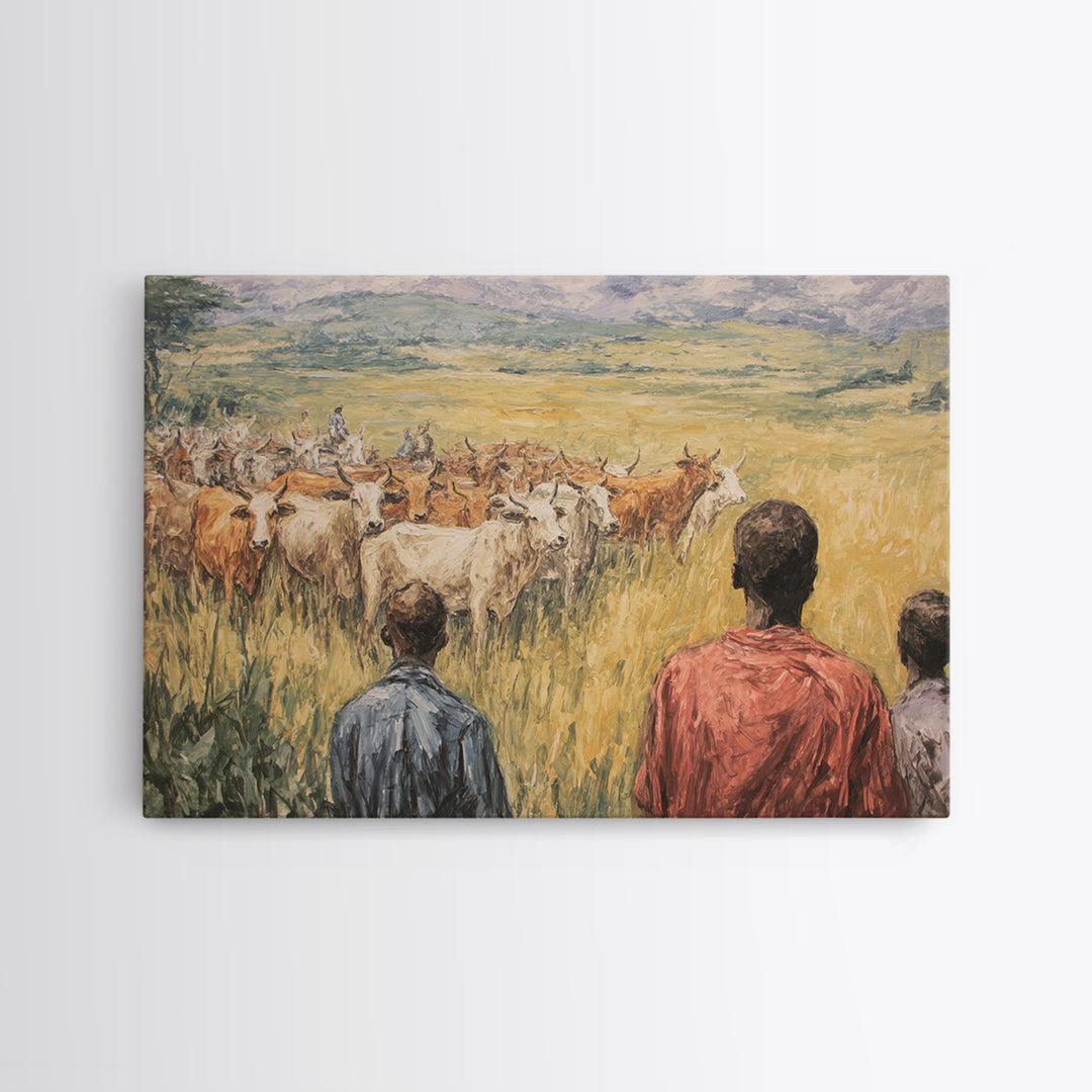 Pastoral African Cattle Herd Landscape Wall Art, African Painting, Safari Art, Cultural Home Decor, Living Room Decor, Gift