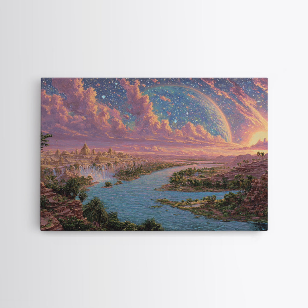 Ancient Nile River Temple Under Cosmic Sky Framed Canvas Print, African Egyptian Art, Fantasy Landscape, Luxury Canvas Art