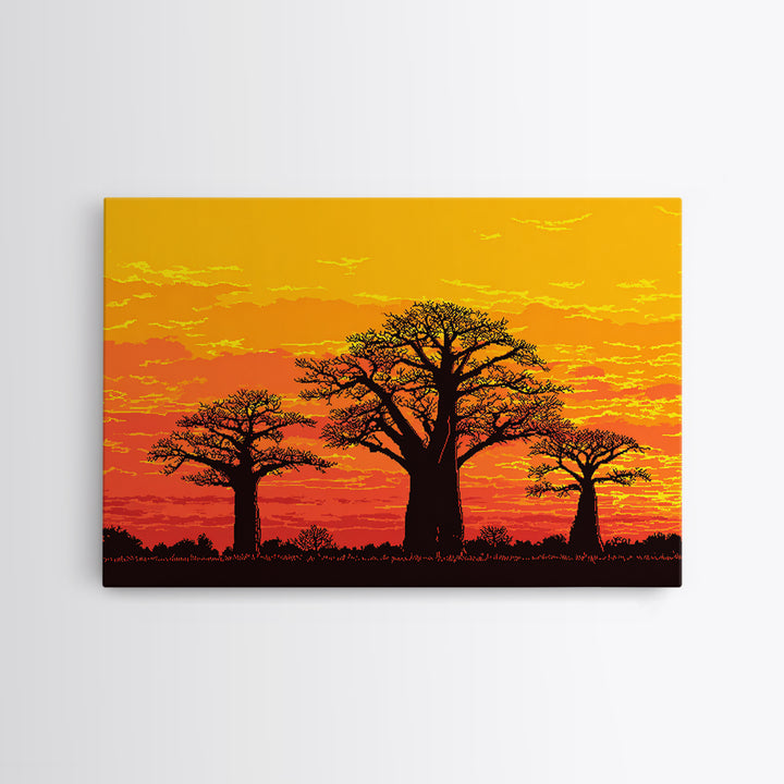 Orange Baobab Tree Silhouette Sunset Wall Art, African Landscape, Boho African Art, Burnt Orange Art, Nature Scene Art, Home Decor