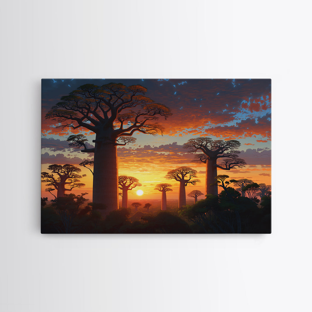 Majestic Baobab Forest At Sunset Framed Canvas Print, African Landscape, Serengeti Wall Art, Jungle Decor, Statement Wall Piece
