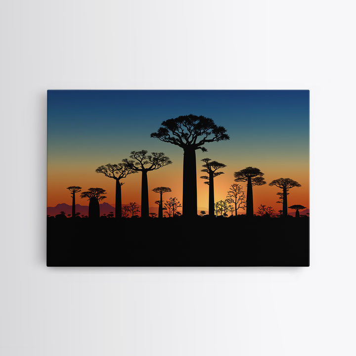 Baobab Tree Silhouettes At Blue Dusk Canvas Print, Madagascar Wall Art, African Tree, Minimalist Wall Art, Safari Decor, Office Decor