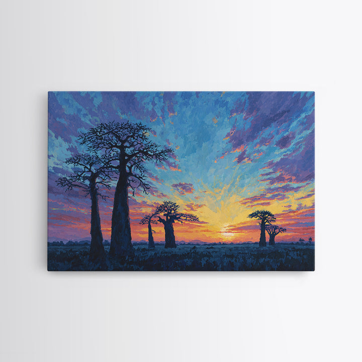 Painterly Blue Baobab Sunset Landscape Wall Art, African Landscape, Dreamy Wall Art, Modern Canvas Art, Colorful Wall Decor