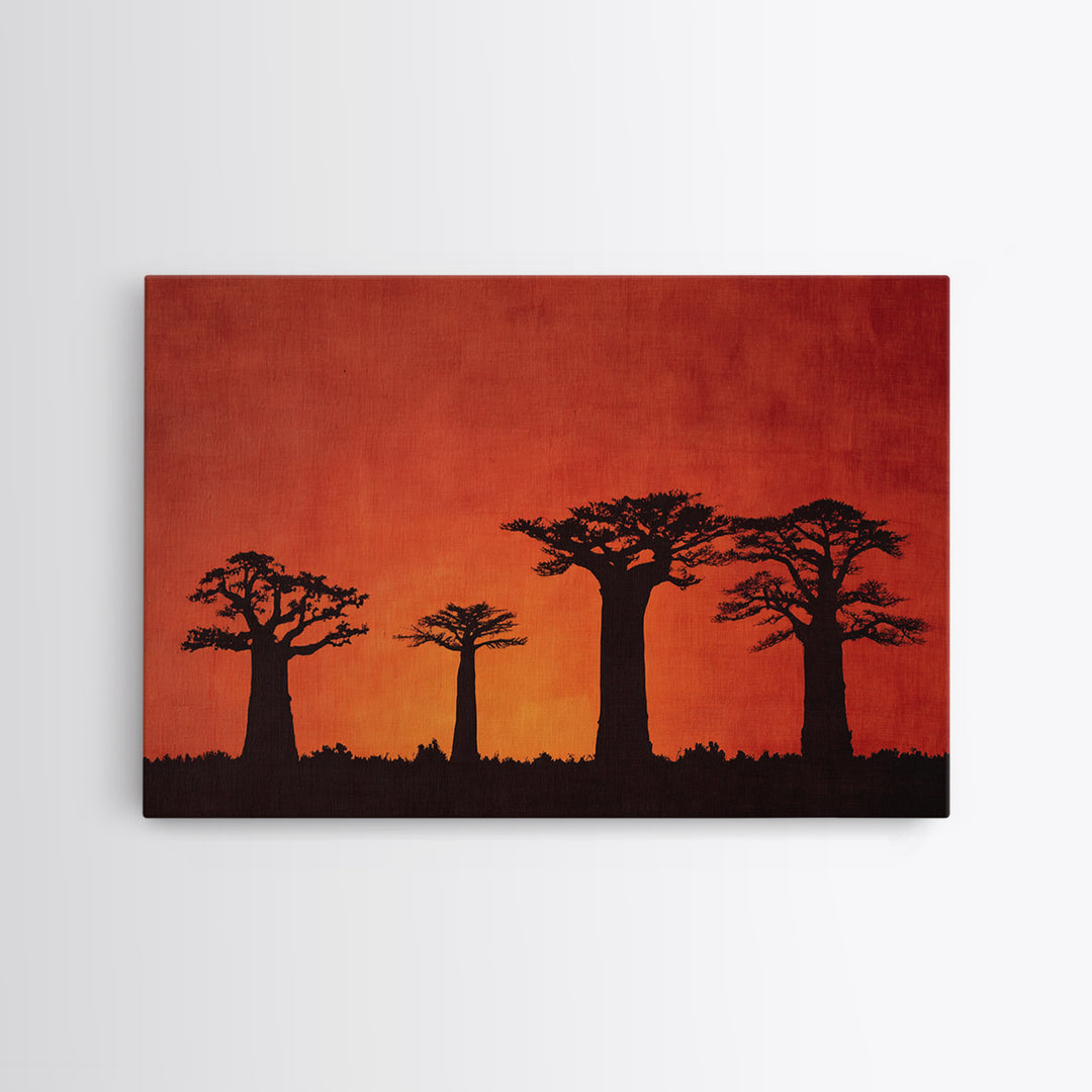Red Orange Baobab Silhouette Horizon Canvas Print, African Tree, Burnt Orange Art, Boho Wall Decor, Rustic Decor, Home Decor