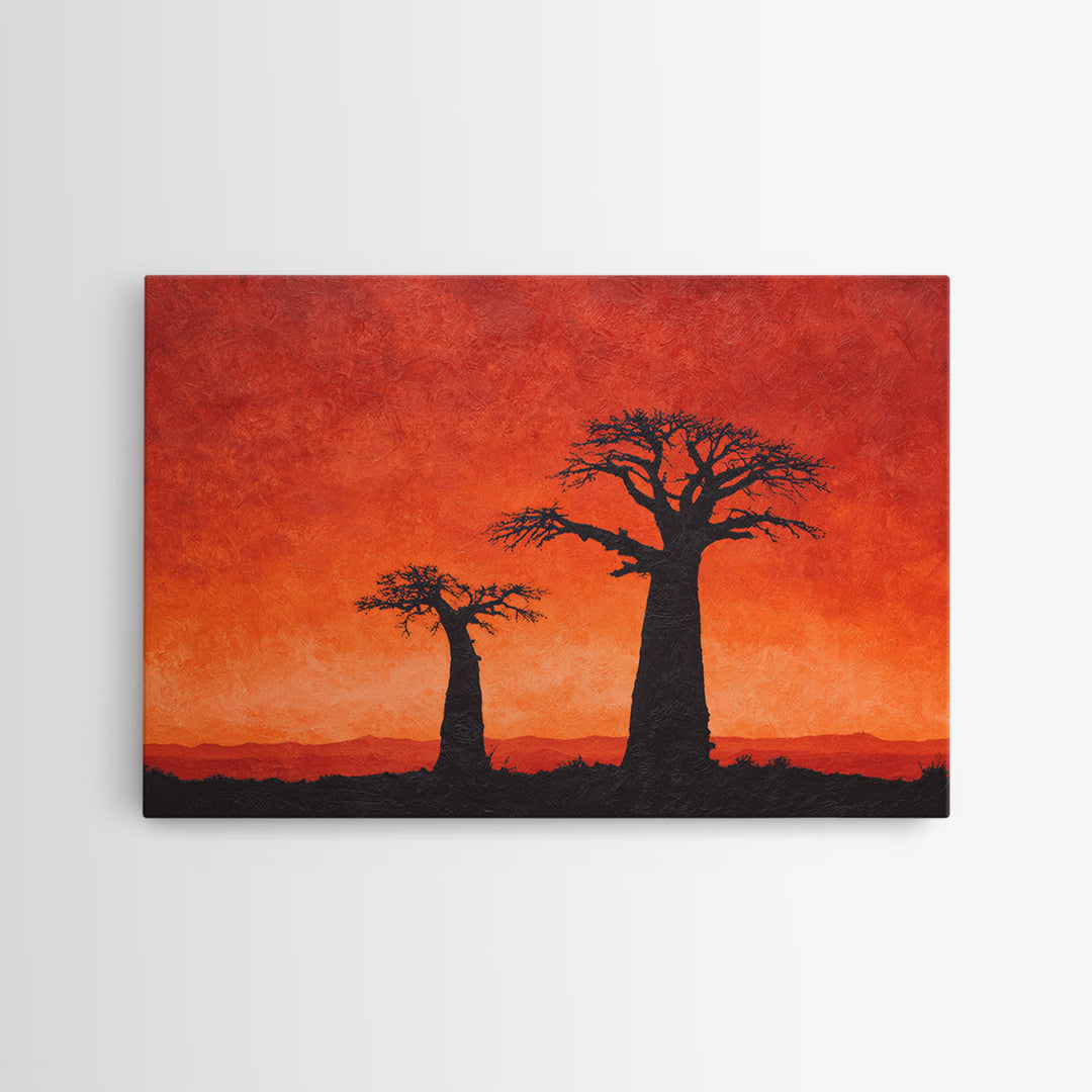Baobab Tree Silhouettes At Fiery Sunset Wall Art, African Landscape, Safari Decor, Burnt Orange Art Print, Living Room Decor