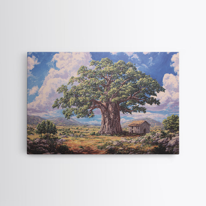 Ancient Baobab Beside Rustic Hut Framed Canvas Print, African Landscape, Cultural Wall Art, Earth Tone Decor, Housewarming Gift