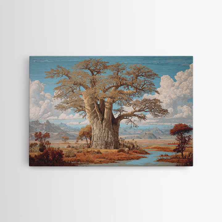 Monumental Baobab By River Plains Canvas Print, African Landscape, Safari Decor, Blue Wall Art, Elegant Home Decor Gift For Her