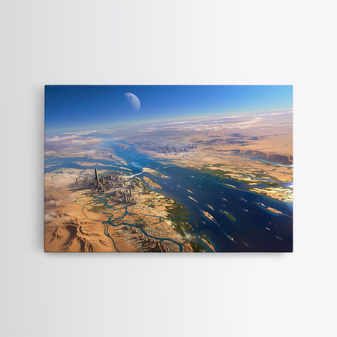 Futuristic Nile River Cities From Space Canvas Print, African Egyptian Art, Desert Landscape, Digital Wall Art, Modern Home Decor
