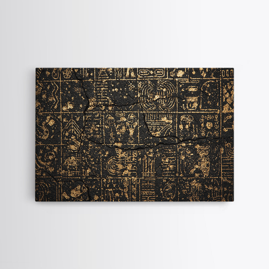 Ancient Egyptian Glyphs On Black Stone Canvas Print, African Egyptian Art, Black And Gold Art, Cultural Art Print, Wall Decor
