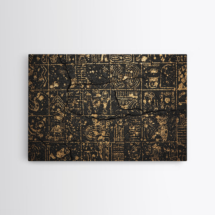 Ancient Egyptian Glyphs On Black Stone Canvas Print, African Egyptian Art, Black And Gold Art, Cultural Art Print, Wall Decor