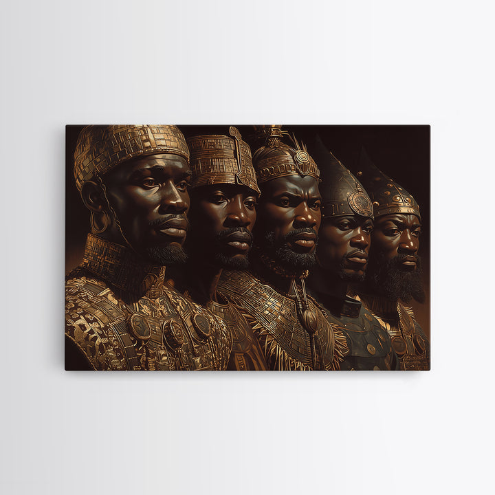 Golden African Kings Portrait Framed Canvas Print, African Warrior Art, Black History Art, Afrocentric Wall Decor Gift For Him