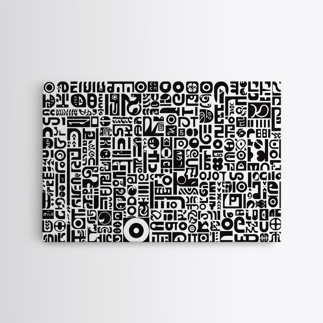 Black And White African Symbols Canvas Print, Abstract Ethnic Art, Tribal Pattern Wall Decor, Minimalist Office Art Gift