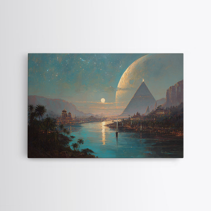 Dreamy Egyptian Pyramid River Wall Art, African Landscape, Ancient Egyptian Art Print, Fantasy Moonlit Home Decor Gift For Bedroom
