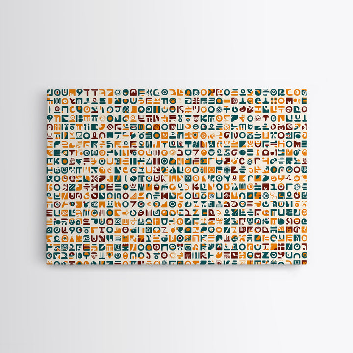 Teal And Orange African Symbol Pattern Canvas Print, Modern African Art Abstract, Cultural Wall Decor, Boho Office Art Gift