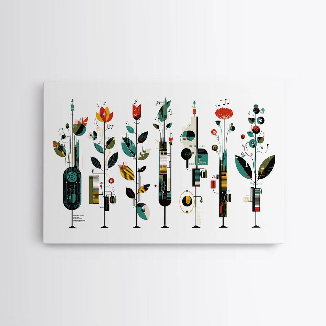 Musical Botanical Towers With Abstract Flowers Wall Art, Modern African Inspired Decor, Colorful Living Room Canvas Print
