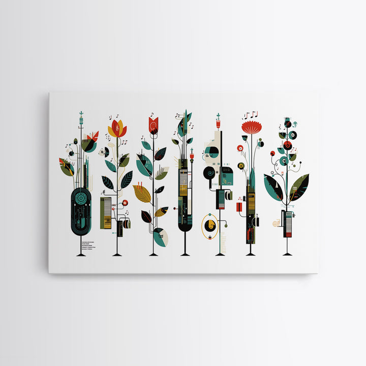 Musical Botanical Towers With Abstract Flowers Wall Art, Modern African Inspired Decor, Colorful Living Room Canvas Print