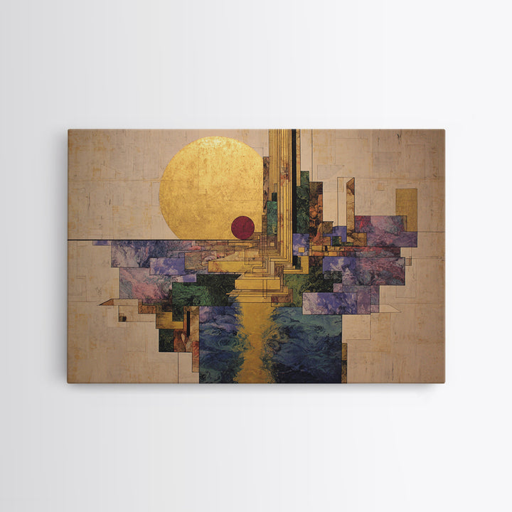 Golden Sun Geometric City Over Water Framed Canvas Print, African Abstract Wall Art, Luxury Modern Living Room Home Decor Gift