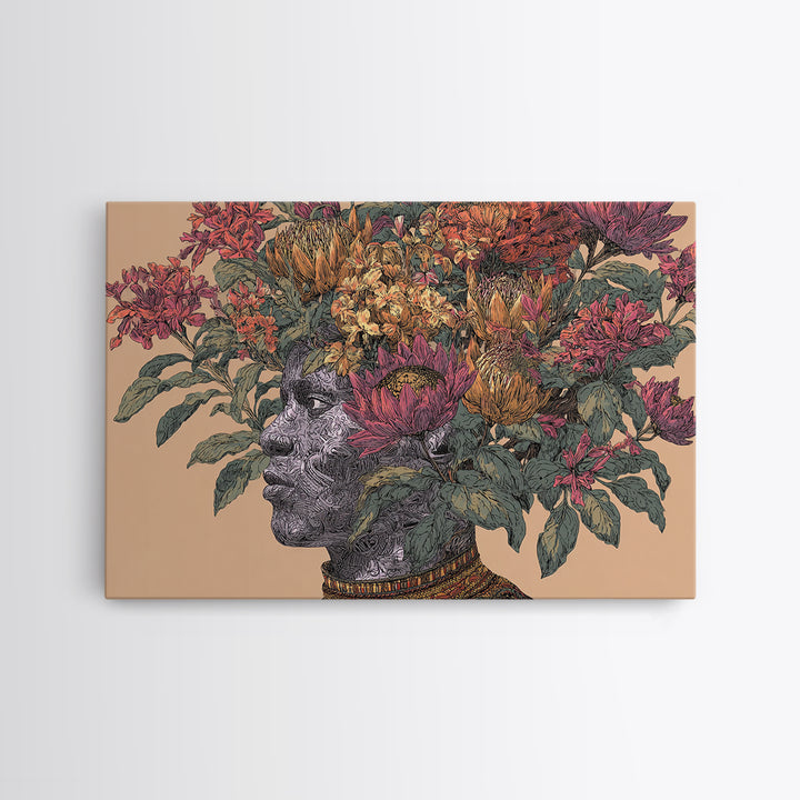 African Woman Profile With Protea Floral Crown Wall Art, Afrocentric Portrait Canvas Print, Black Beauty Home Decor Gift
