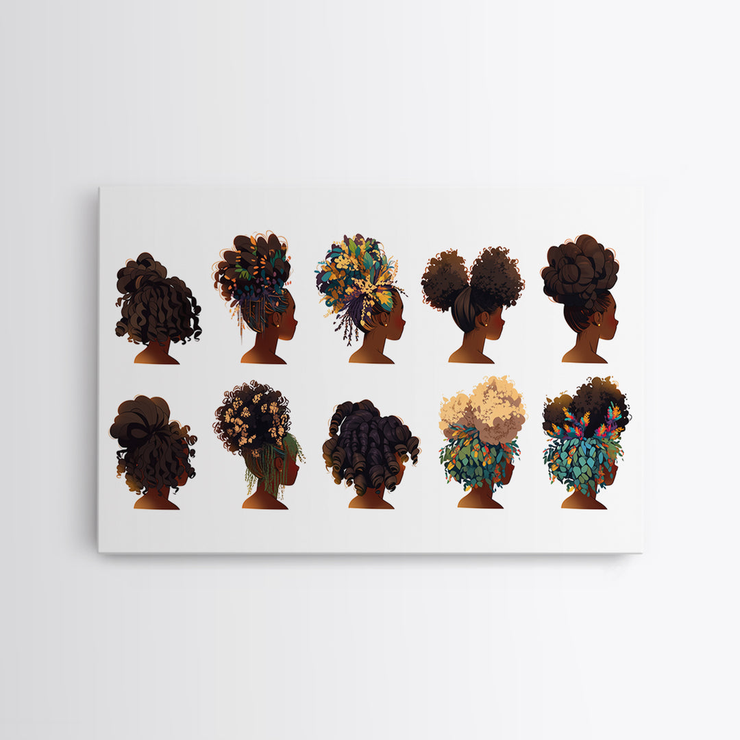 Black Women Natural Hairstyle Collection Wall Art, African Beauty Canvas Print, Salon Decor, Melanin Portrait Gift For Her