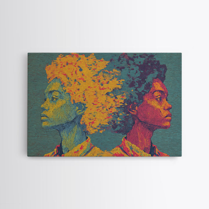 Vibrant Black Couple Opposing Profiles Wall Art, African Abstract Canvas Print, Textured Afrocentric Portrait Decor Gift