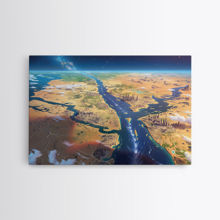 Futuristic Nile Delta Aerial Landscape Wall Art, African Travel Canvas Print, Egypt Map Poster, Modern Office Decor Gift