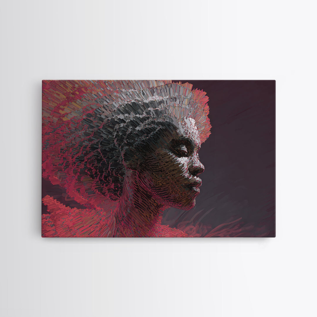 Mosaic Black Woman Profile In Red Shadows Wall Art, Abstract African Canvas Print, Contemporary Afrocentric Home Decor Gift