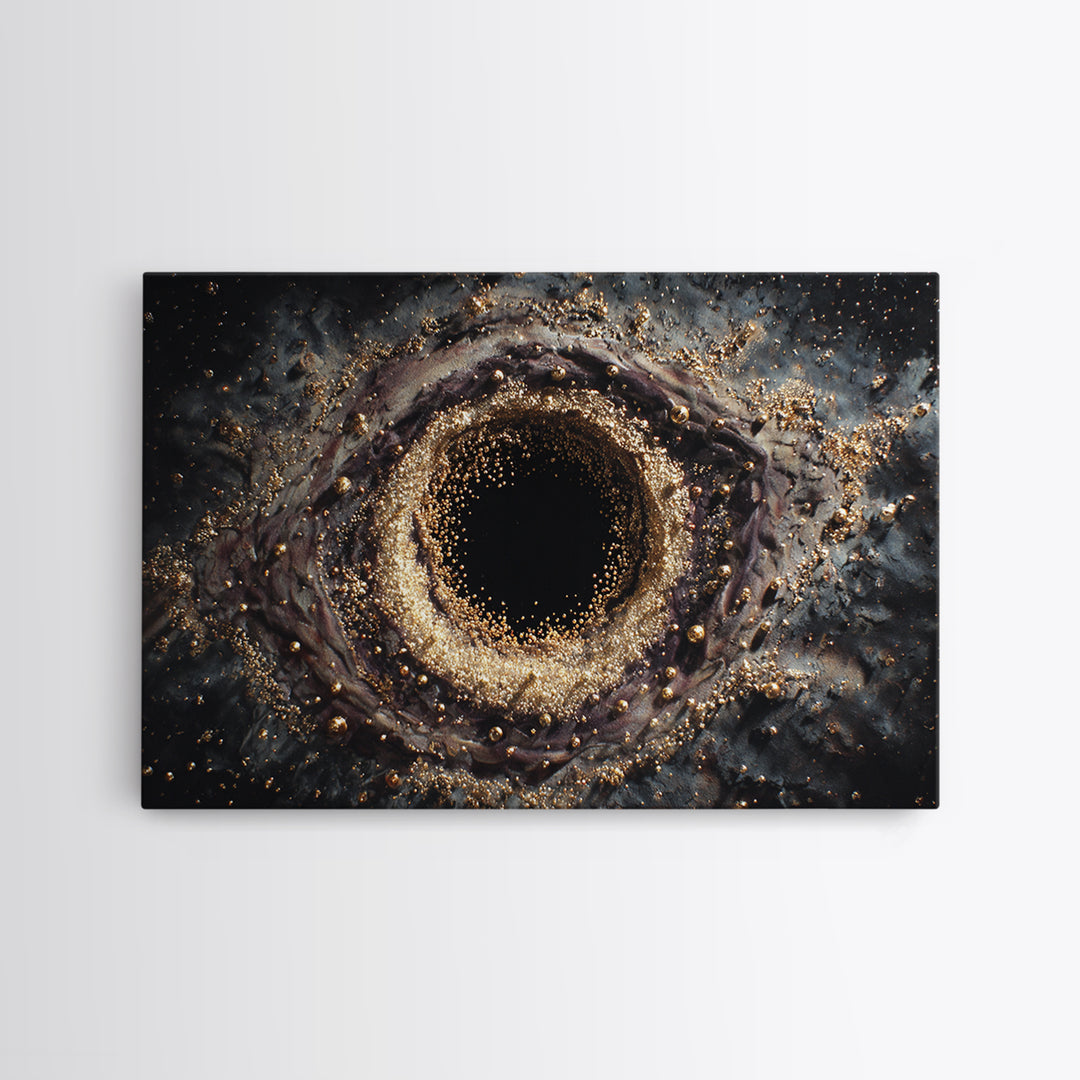Glittering Black Hole Vortex Framed Canvas Print, Abstract Art, Black And Gold Art, Modern Wall Decor, Unique Home Decor