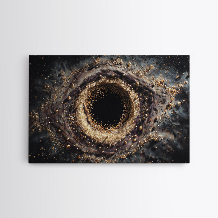 Glittering Black Hole Vortex Framed Canvas Print, Abstract Art, Black And Gold Art, Modern Wall Decor, Unique Home Decor