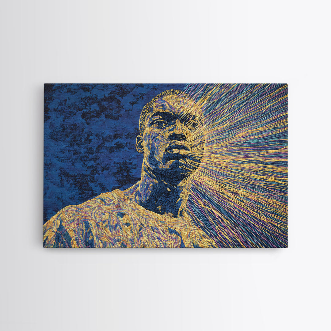 Radiant Black Man Portrait Wall Art, Afrocentric Art, Modern Black Art, Blue And Gold Canvas Print, Black Culture Art Decor
