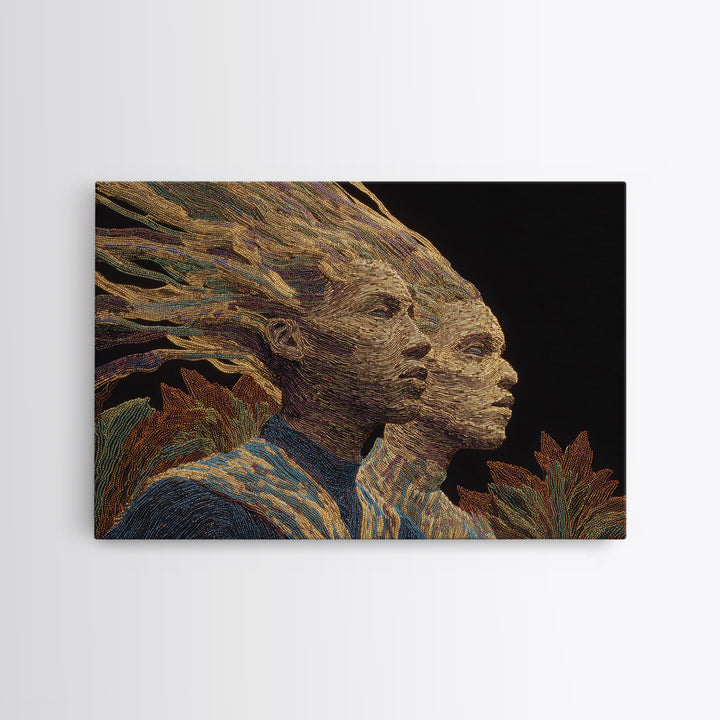 Surreal African Woman Double Portrait Canvas Print, African Women Art, Afrocentric Wall Art, Gold Textile Art, Elegant Decor