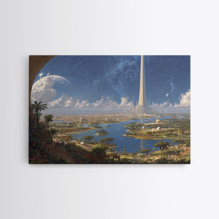 Afrofuturist African Cityscape Wall Art, Futuristic Nile Landscape, Digital Art Africa, Modern Canvas Print, Large Decor Art
