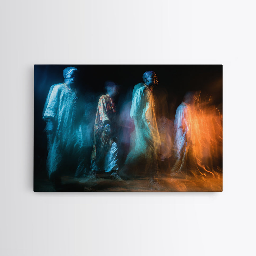 Ghostly African Procession Wall Art, Abstract Figure Canvas Print, Spiritual Wall Decor, Contemporary Art, Blue Orange Decor