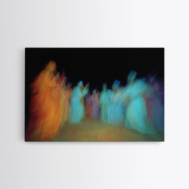 Blurred African Dancers In Orange And Teal Robes Wall Art, Afrocentric Culture Decor, Vibrant Tribal Canvas Print For Home Decor