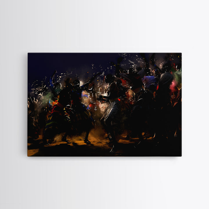 Dramatic African Warriors Dancing With Sparks Wall Art, Black Culture Art Decor, Mystical Tribal Canvas Print For Bold Rooms